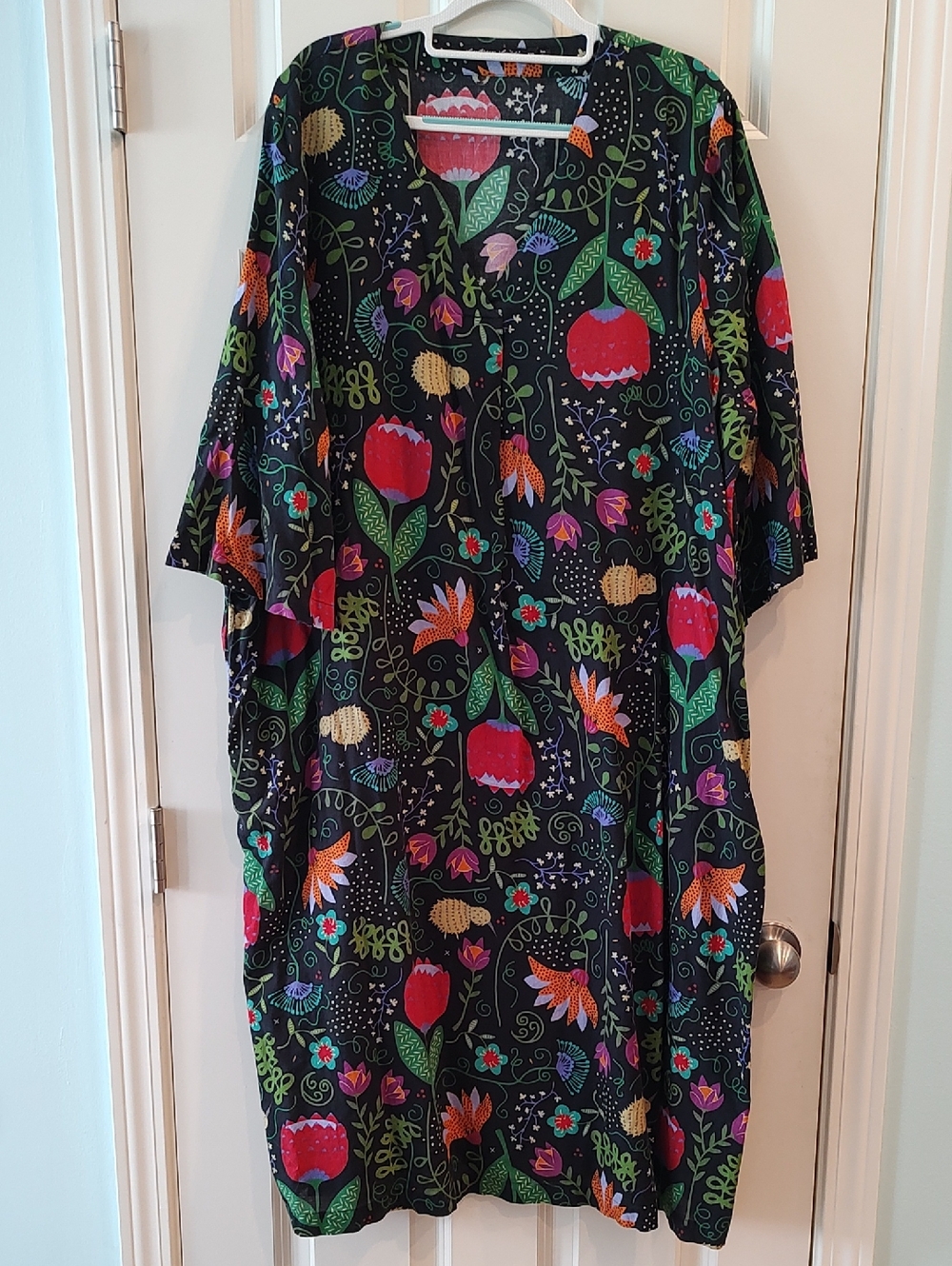 Gudrun Sjoden Black Floral Midi Dress with Red & Green Accents